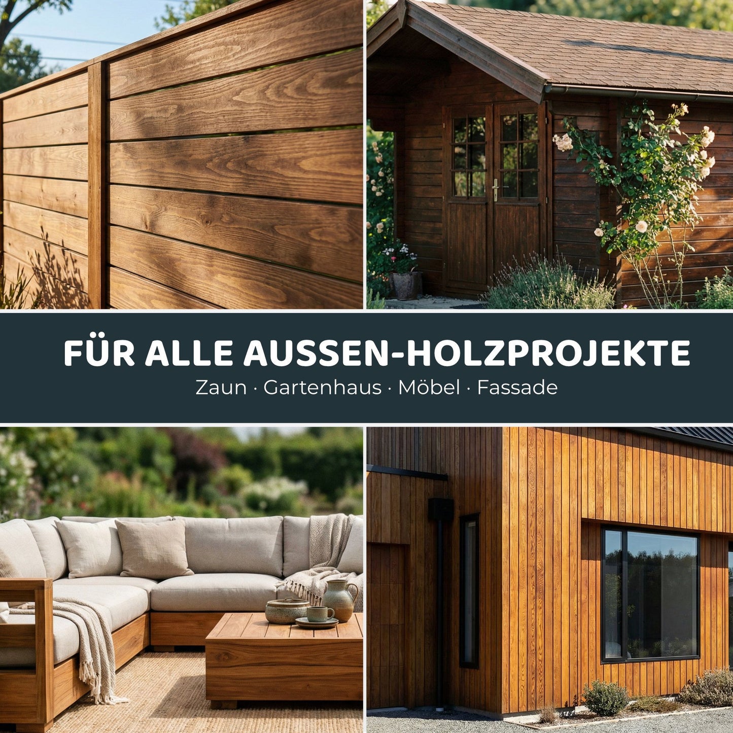 Collage mit verschiedenen Außenholzprojekten wie Holzzaun, Gartenhaus, Gartenmöbeln und Holzfassade im Gartenbereich