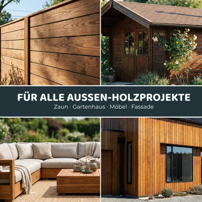 Collage mit verschiedenen Außenholzprojekten wie Holzzaun, Gartenhaus, Gartenmöbeln und Holzfassade im Gartenbereich