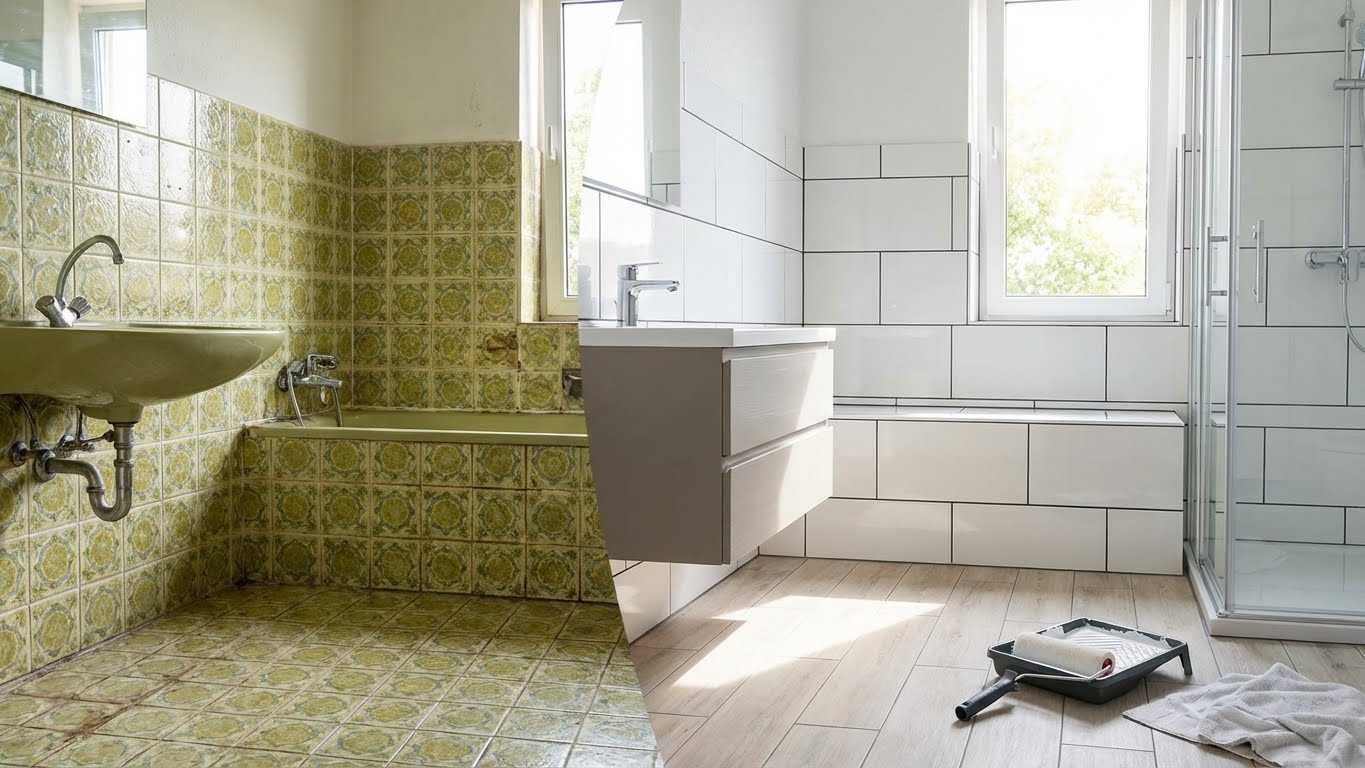 Vorher Nachher Vergleich eines Badezimmers mit alten gruenen Fliesen und modernem weissen Fliesendesign