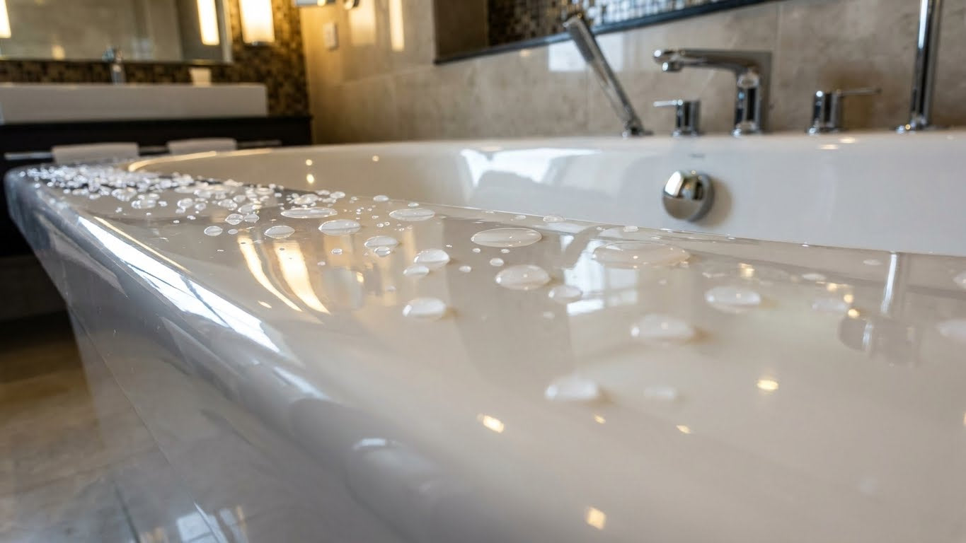 Glaenzende Badewannenoberflaeche mit abperlenden Wassertropfen