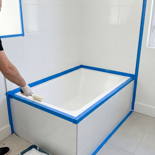 Eine Badewanne ist rundum mit blauem Abklebeband abgeklebt, während eine Person mit einer kleinen Farbrolle den Wannenrand vorbereitet oder beschichtet.