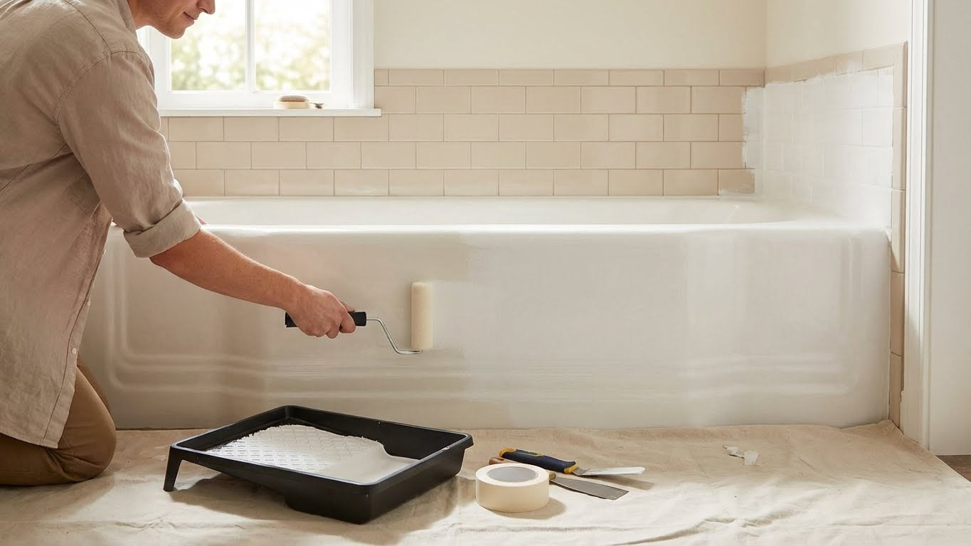 Person traegt Beschichtung mit Farbrolle gleichmaessig auf eine Badewanne auf