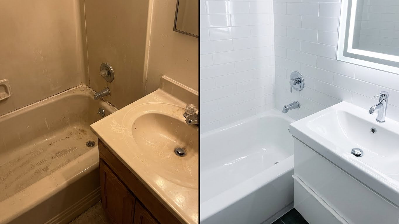 Badezimmervergleich mit alter Badewanne vor und renovierter Badewanne nach der Aufarbeitung