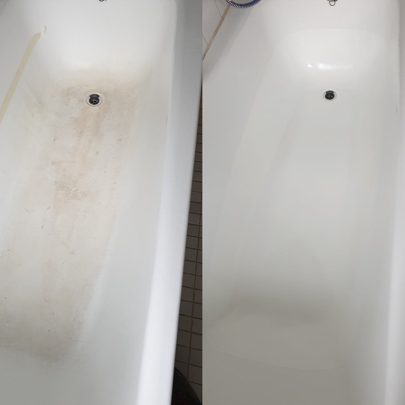 Vergleich einer Badewanne vor und nach der Beschichtung mit deutlich sauberer Oberflaeche