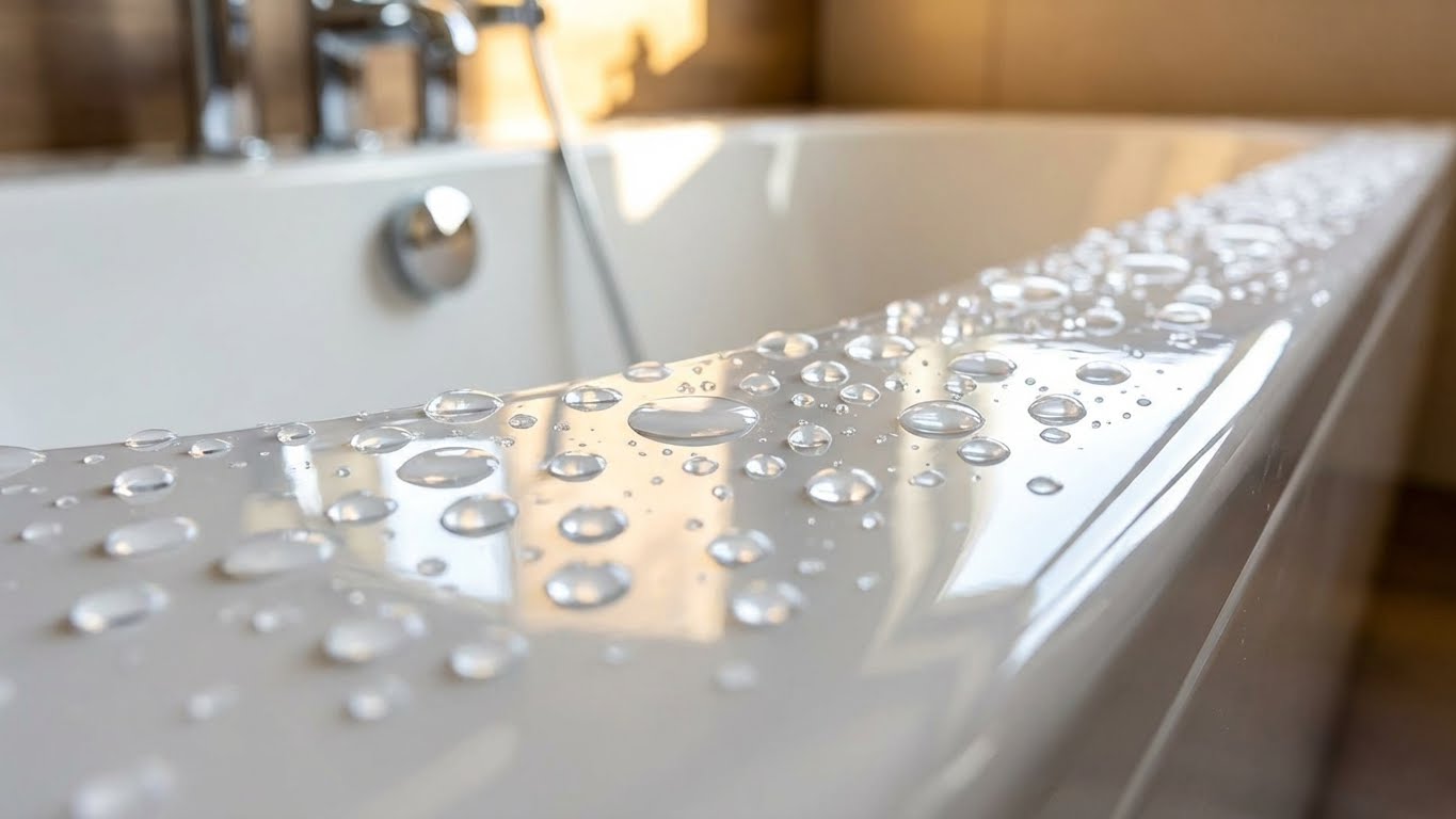 Detailaufnahme von Wassertropfen auf dem Rand einer weißen Badewanne mit unscharfem Badezimmerhintergrund und Armatur.