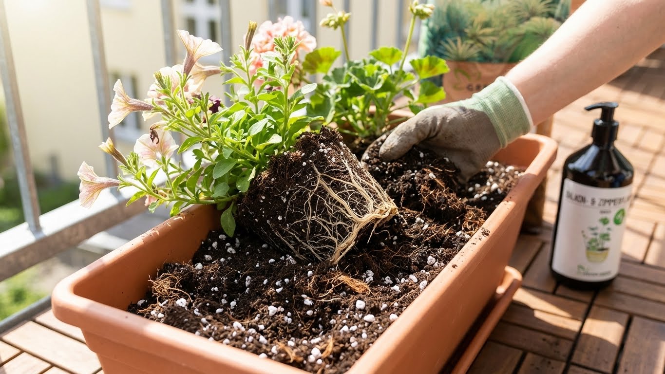 Einpflanzen von Balkonblumen in strukturstabile Universalerde mit sichtbarem Wurzelballen im Balkonkasten