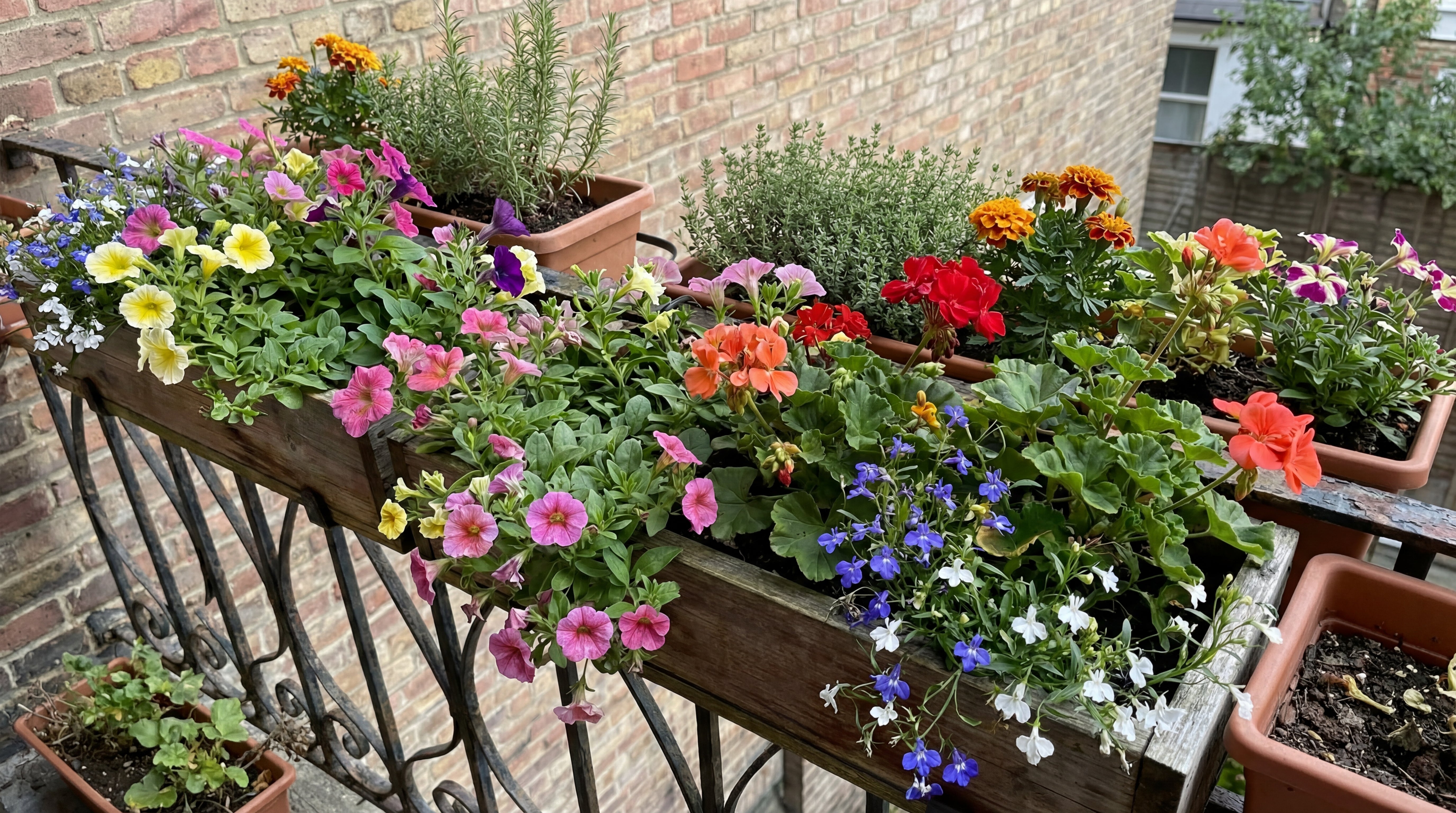 Gesunde, kräftige Balkonpflanzen in voller Blüte in einem Holzbalkonkasten