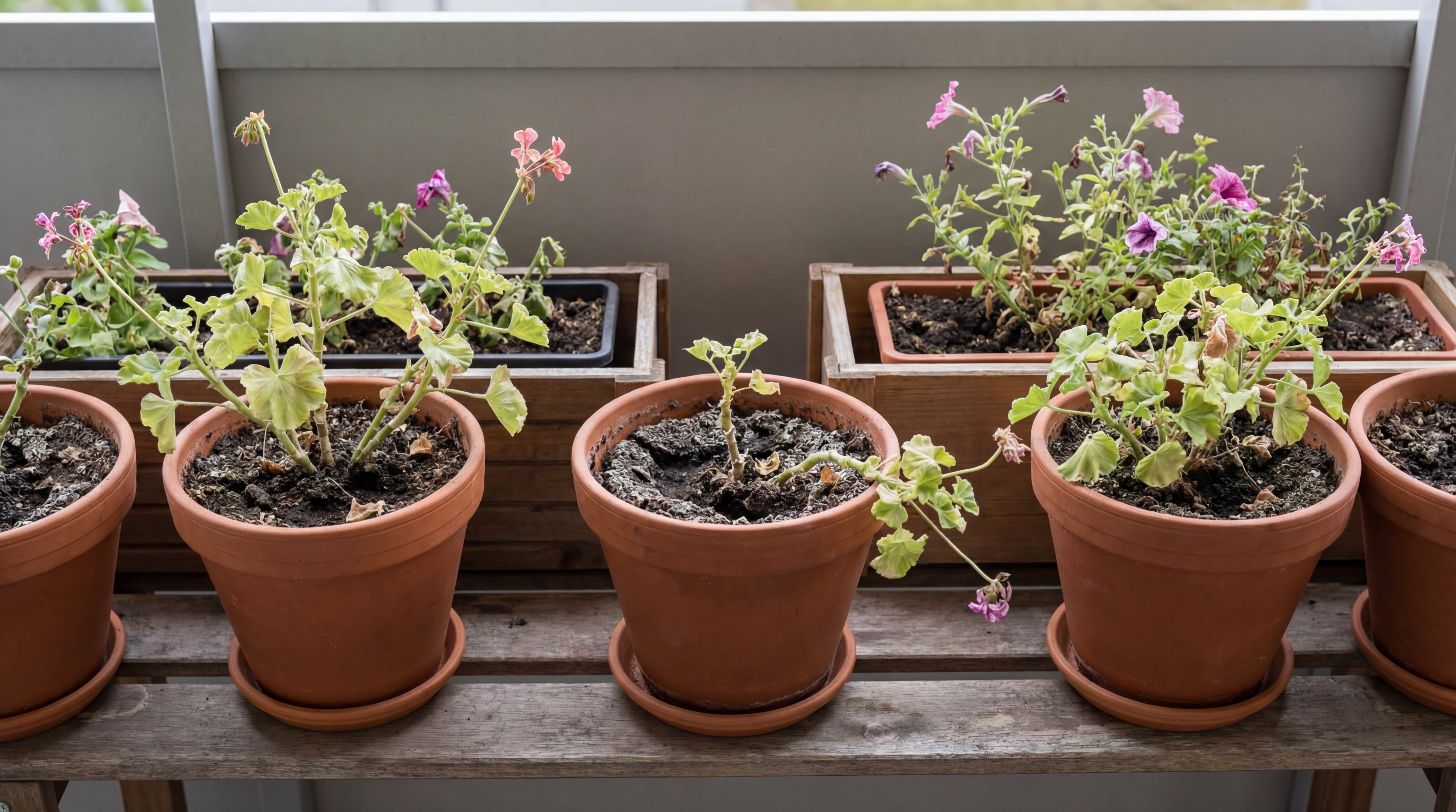 Balkonpflanzen in Tontöpfen mit hängenden Blättern und verdichteter, trockener Erde