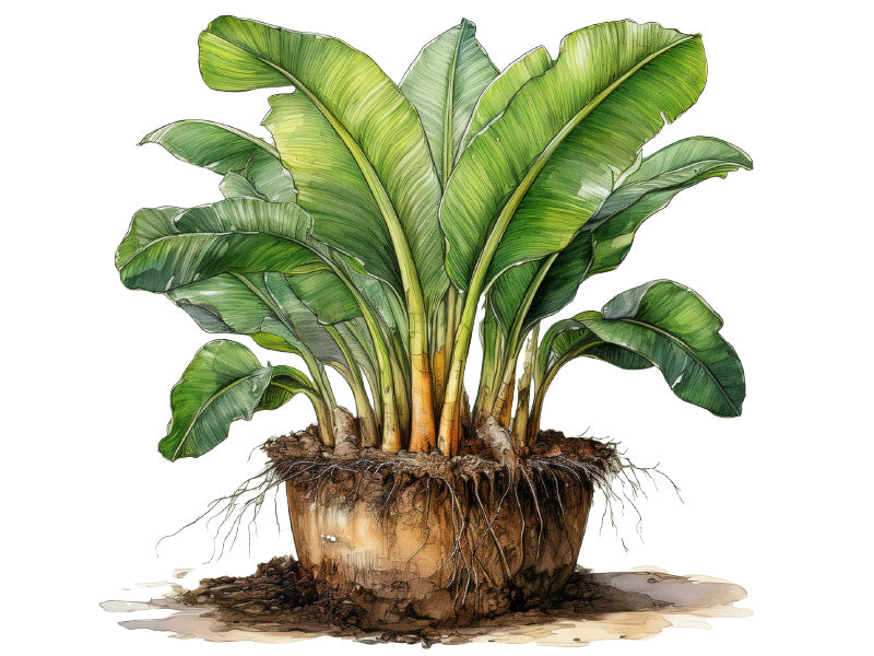 Illustration einer Bananenpflanze im Topf mit freigelegtem Wurzelbereich zur Darstellung der Bodenstruktur.