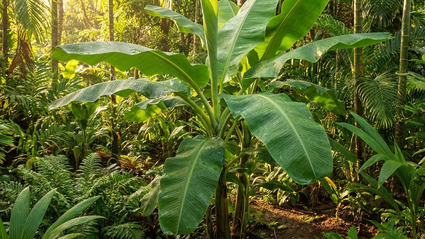 Große Bananenpflanze mit breiten grünen Blättern in einem üppigen tropischen Garten.
