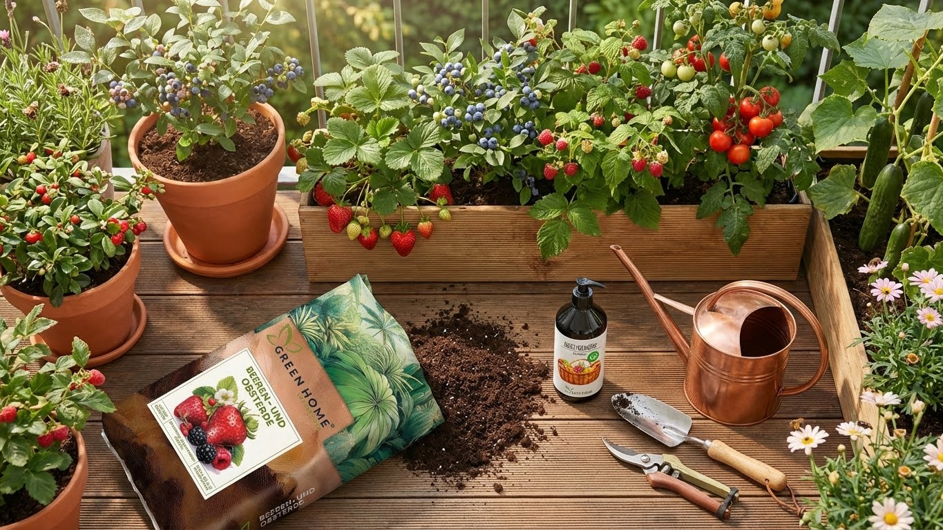 Üppig bepflanztes Hochbeet mit Erdbeeren, Beerensträuchern und Tomaten, kombiniert mit Green Home Beeren- und Obsterde und Bio-Dünger.