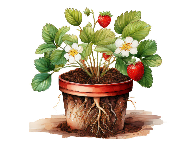 Illustration einer Erdbeerpflanze im Topf mit gesundem Wurzelwachstum in hochwertiger Beeren- und Obsterde