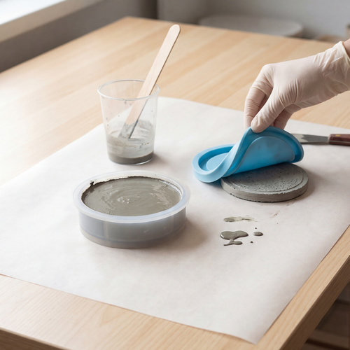 Eine behandschuhte Hand löst einen runden Betonuntersetzer aus einer blauen Silikonform, daneben stehen ein Becher mit Betonmasse und eine Mischschale auf dem Tisch.
