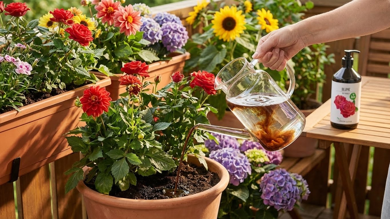 Blühende Balkonpflanzen werden mit Green Home Bio-Blumendünger gegossen