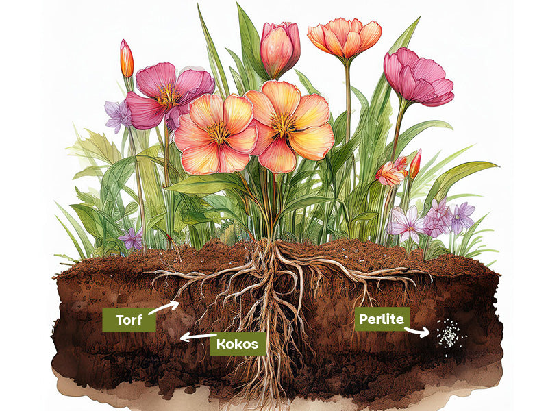 Illustration eines Erdquerschnitts mit Blumen, sichtbaren Wurzeln sowie markierten Bestandteilen wie Torf, Kokos und Perlite
