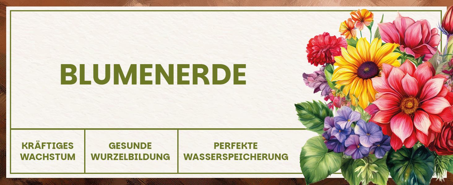 Grafischer Header mit dem Schriftzug Blumenerde, farbigen Blumenillustrationen und Hinweisen zu Wachstum, Wurzelbildung und Wasserspeicherung