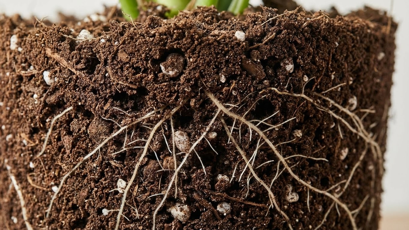 Makroaufnahme von lockerer Blumenerde mit feinen Pflanzenwurzeln und mineralischen Bestandteilen