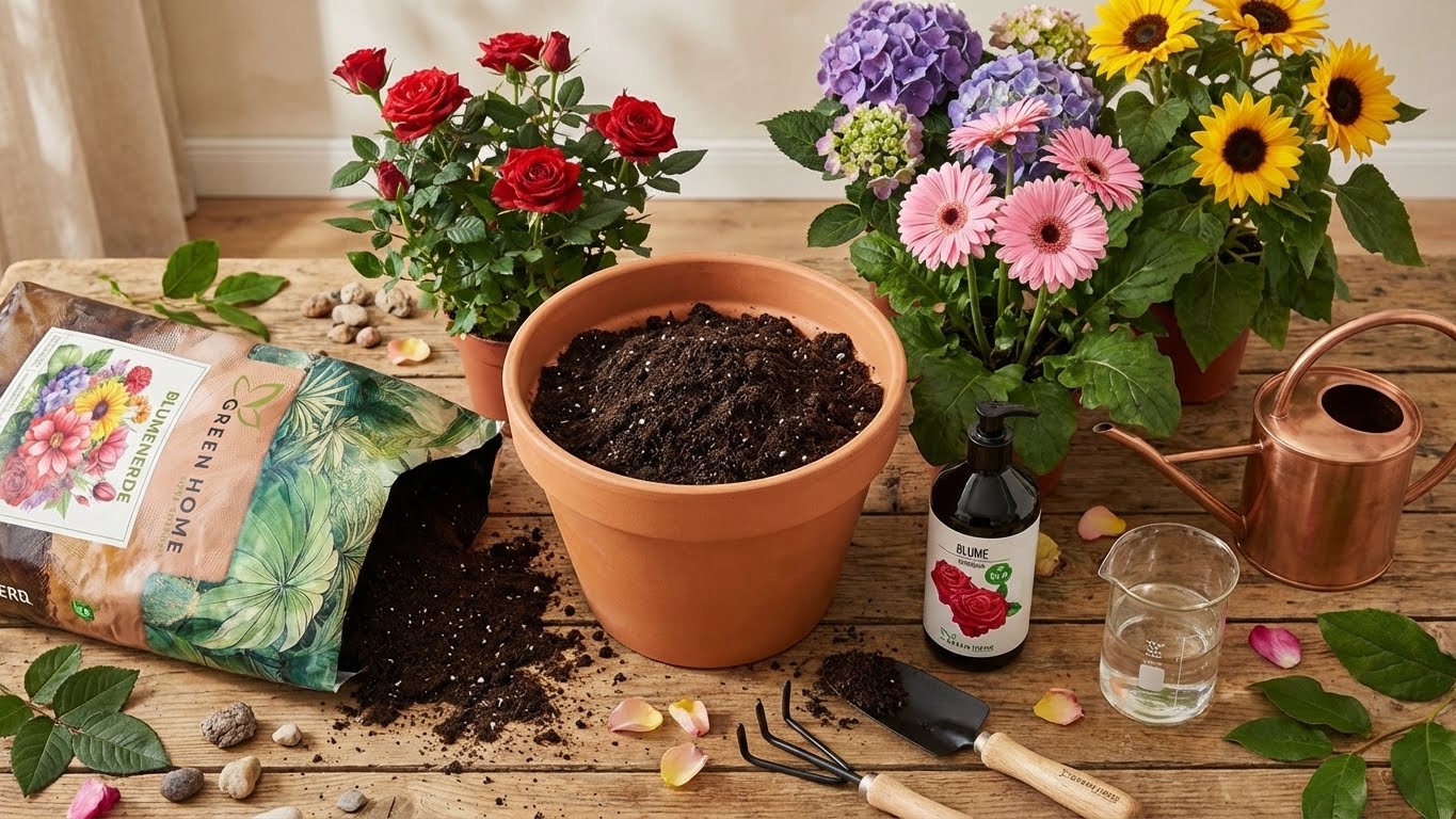 Green Home Blumen Bundle mit Blumenerde, Bio-Dünger und Gartenwerkzeug auf Holztisch