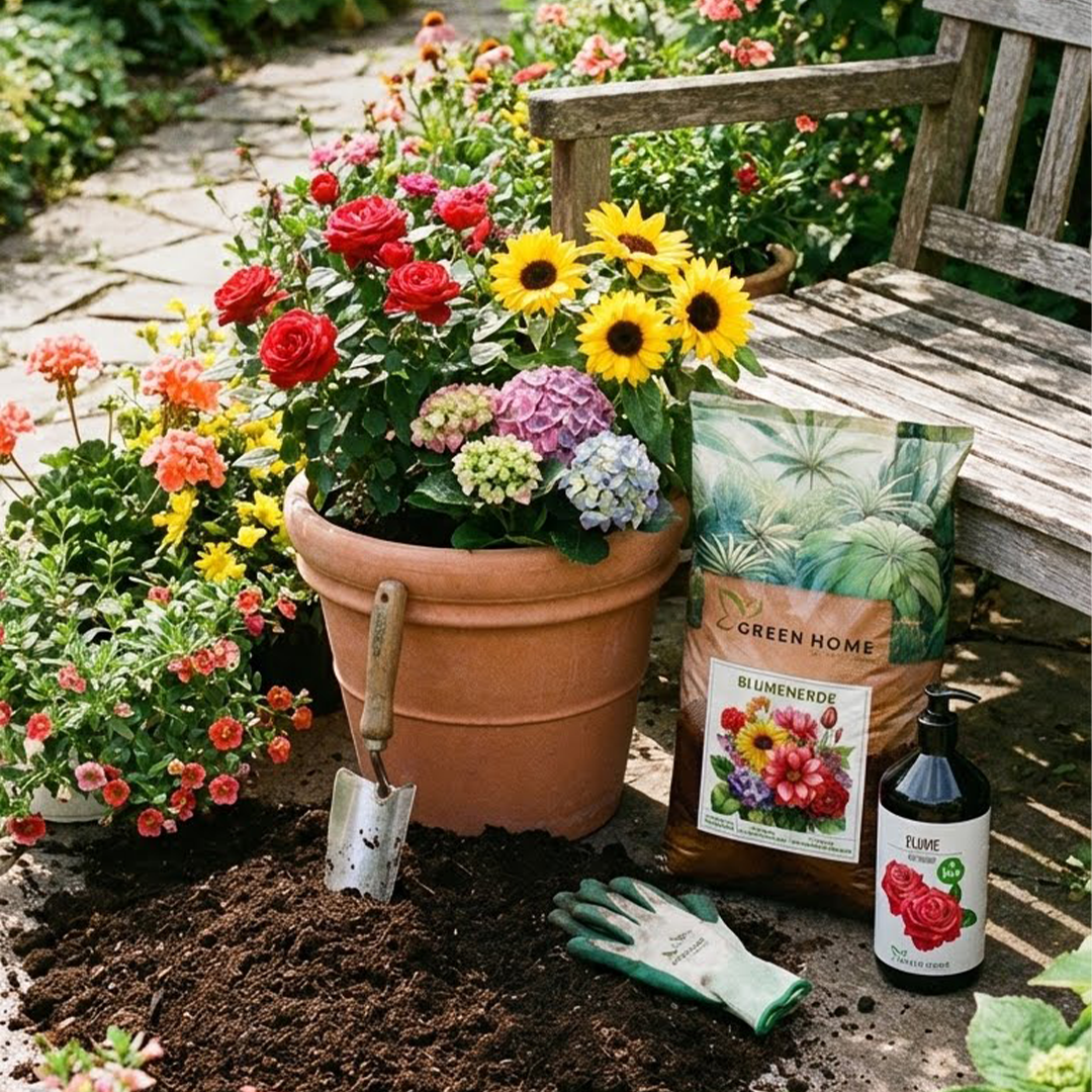 Üppig bepflanzter Blumentopf im Garten mit Green Home Blumenerde und Bio-Dünger