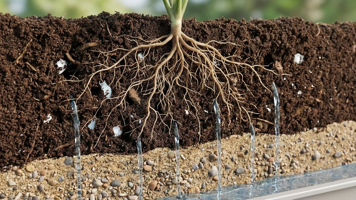 Schematische Darstellung von Bodenaufbau mit Drainageschicht für optimale Wasserableitung und Wurzelgesundheit