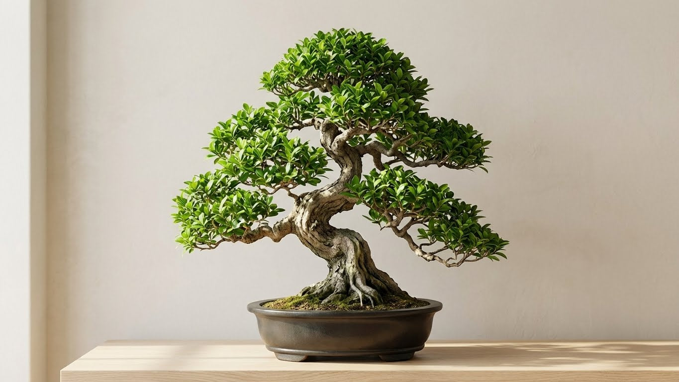 Gesunder Bonsai in flacher Schale auf Holztisch in modernem, hellem Wohnraum – ideal für Indoor-Bonsai.