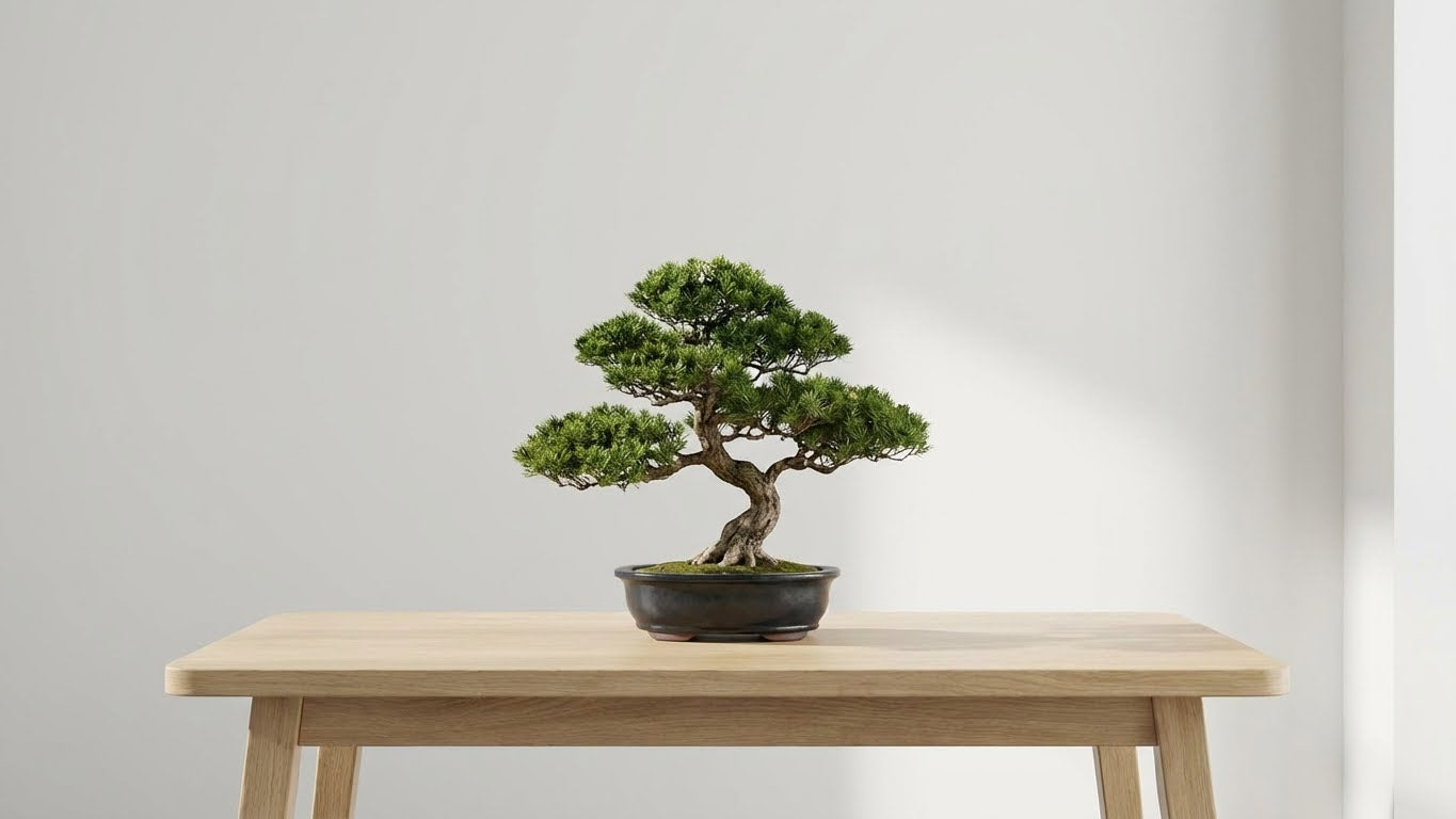 Kompakter Bonsai auf schlichtem Holztisch vor neutralem Hintergrund – minimalistische Präsentation.
