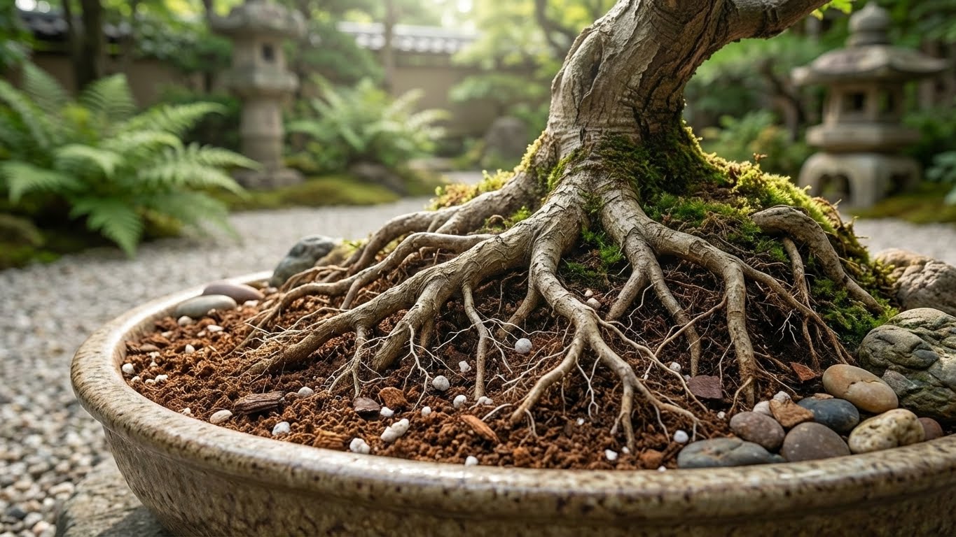 Detailaufnahme von Bonsai-Wurzeln in strukturstabilem Substrat mit guter Durchlüftung.