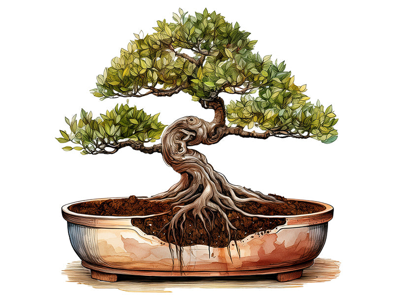 Detailaufnahme von Bonsai-Wurzeln in strukturstabilem Substrat mit sichtbarer Drainage und guter Durchlüftung.