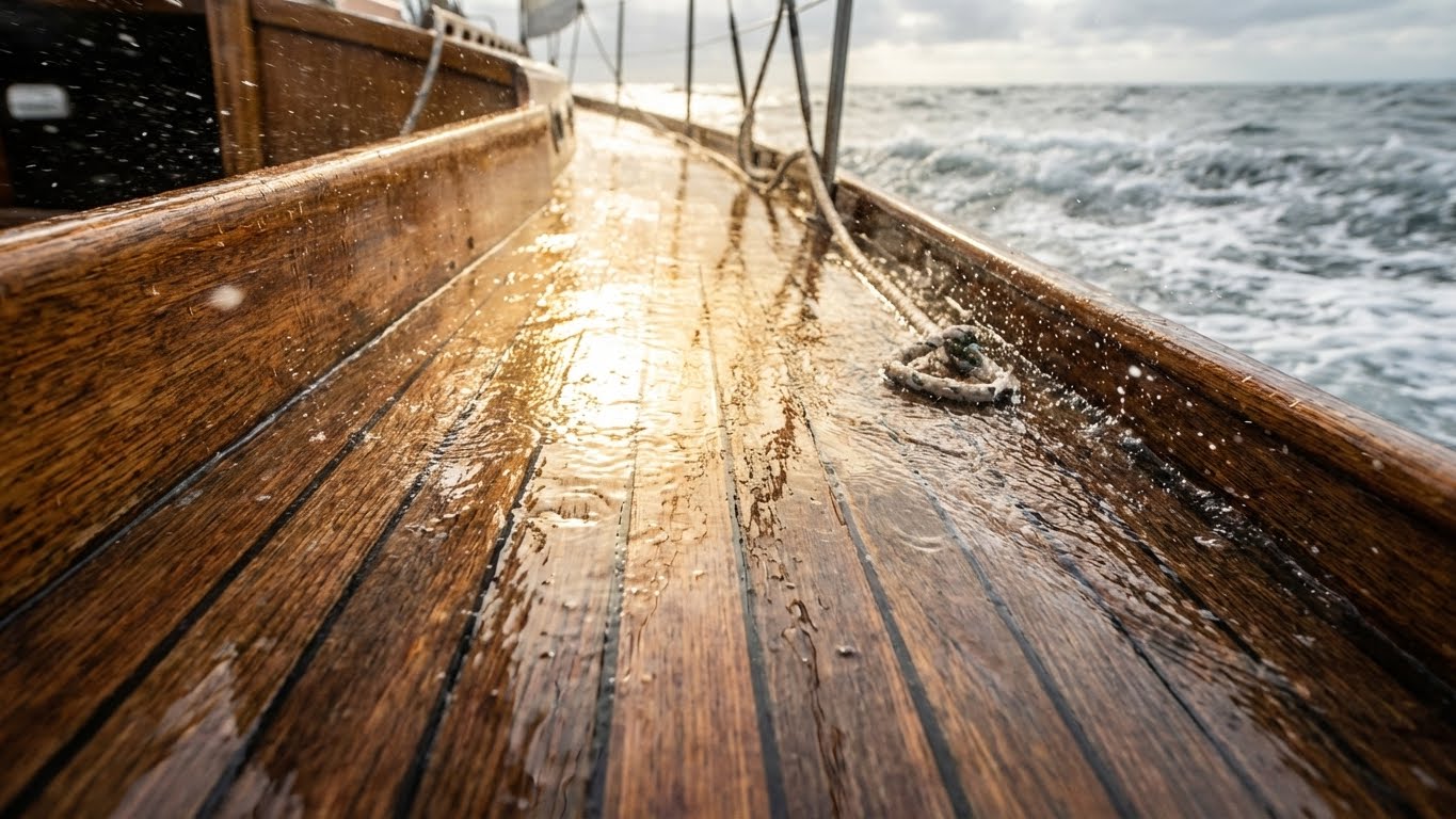 Nasses Holzdeck eines Bootes mit sichtbarer Wasserabweisung auf der Oberflaeche