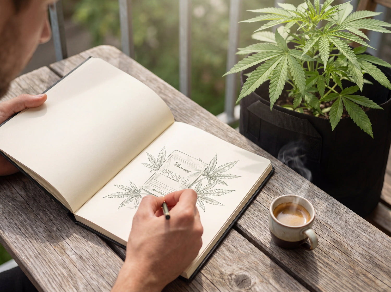 Skizzenbuch und Espresso auf Balkonschreibtisch neben Cannabis-Pflanze Royal Haze Auto im FOKUS Outdoor Grow System