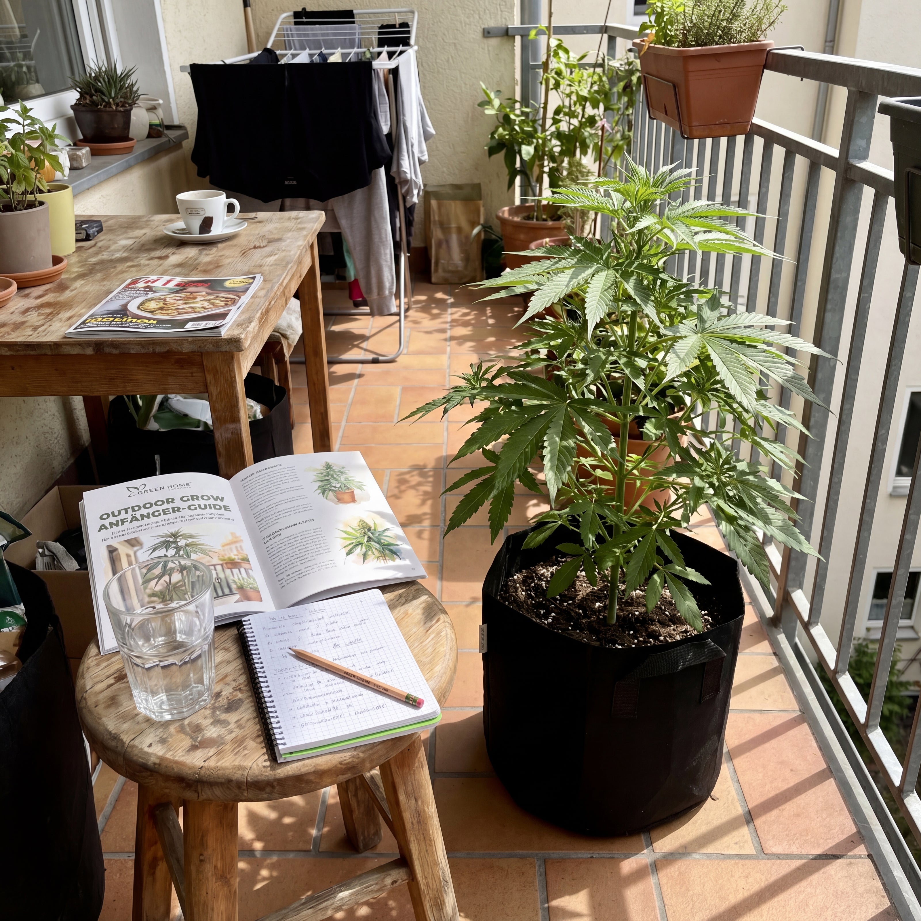 Cannabis-Pflanze FOKUS Royal Haze Auto im Filztopf auf Balkon mit Grow-Guide und Notizbuch in Tageslicht