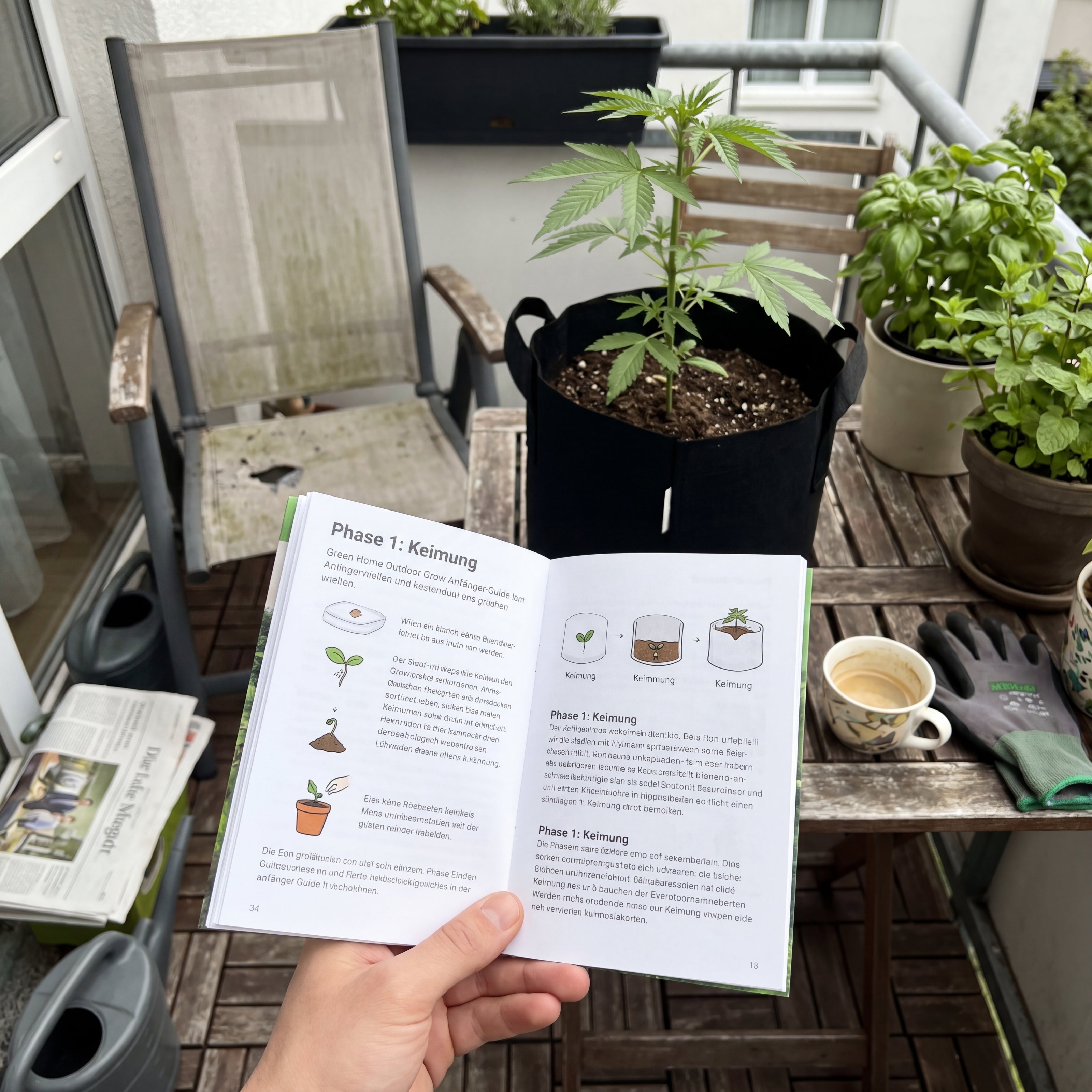 FOKUS Outdoor Grow System Anfänger-Guide aufgeschlagen mit Cannabis-Pflanze Royal Haze Auto im Hintergrund