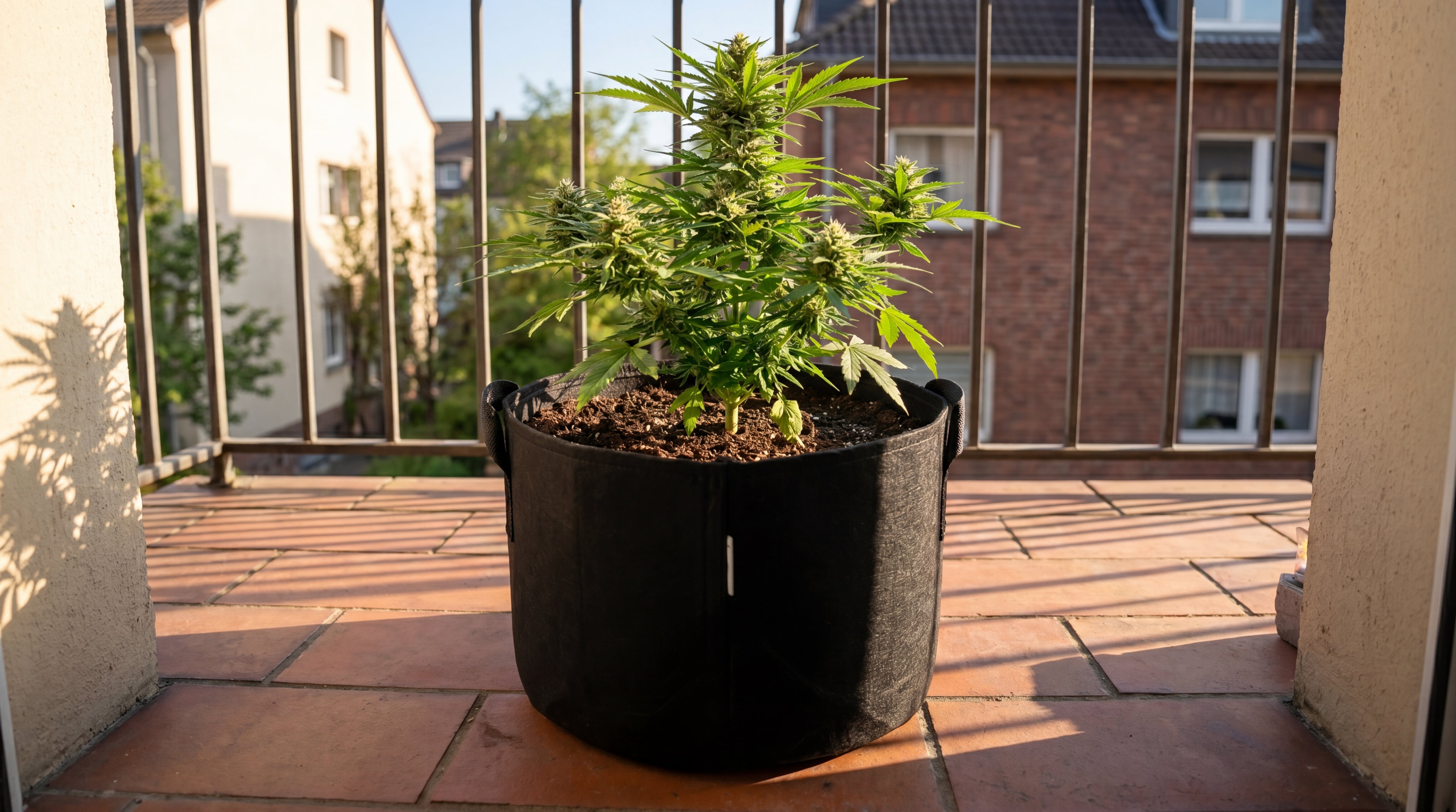 Nachher Bild FOKUS Cannabis Outdoor Grow System: erntereife Royal Haze Auto Pflanze im Filztopf auf Balkon