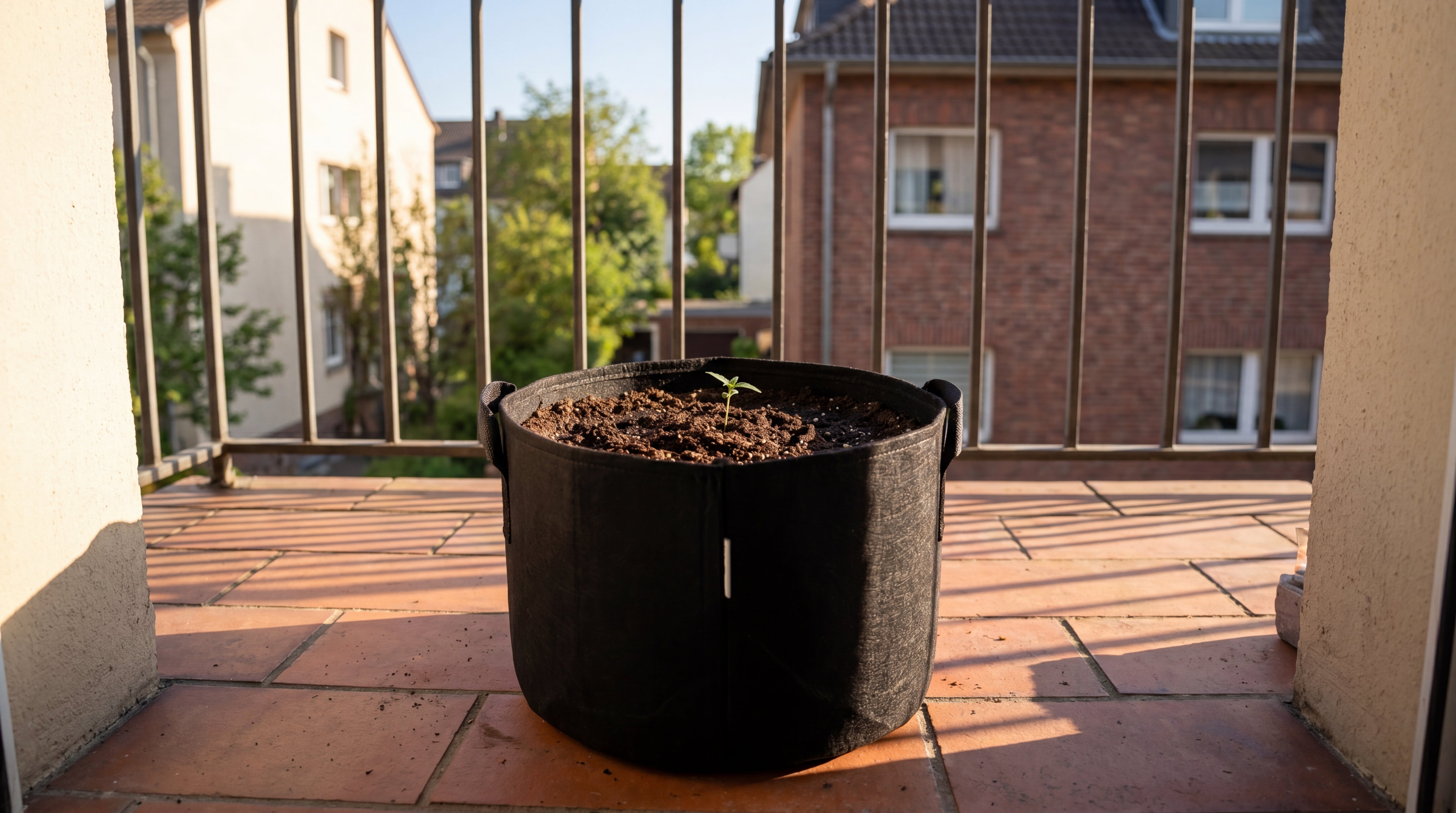 Vorher Bild FOKUS Cannabis Outdoor Grow System: junger Keimling im Filztopf auf Balkon zu Saisonbeginn
