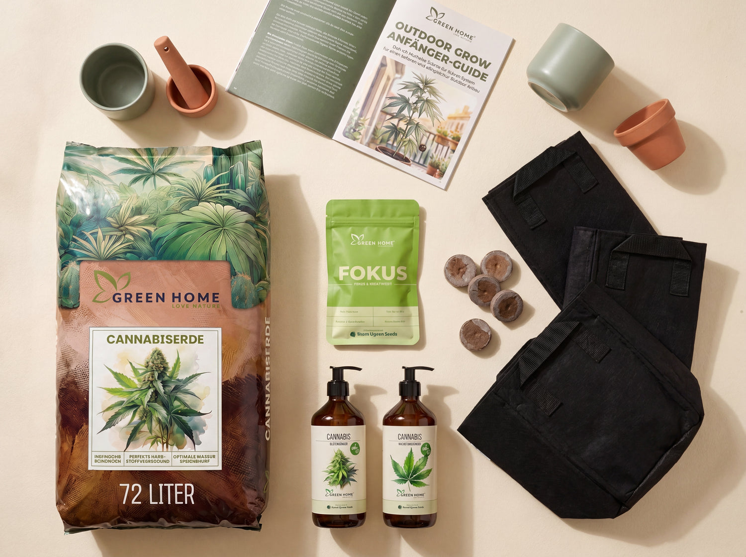 FOKUS Cannabis Outdoor Grow System Komplettset Übersicht mit 3 Samen, 72 L Erde, Dünger und Filztöpfen