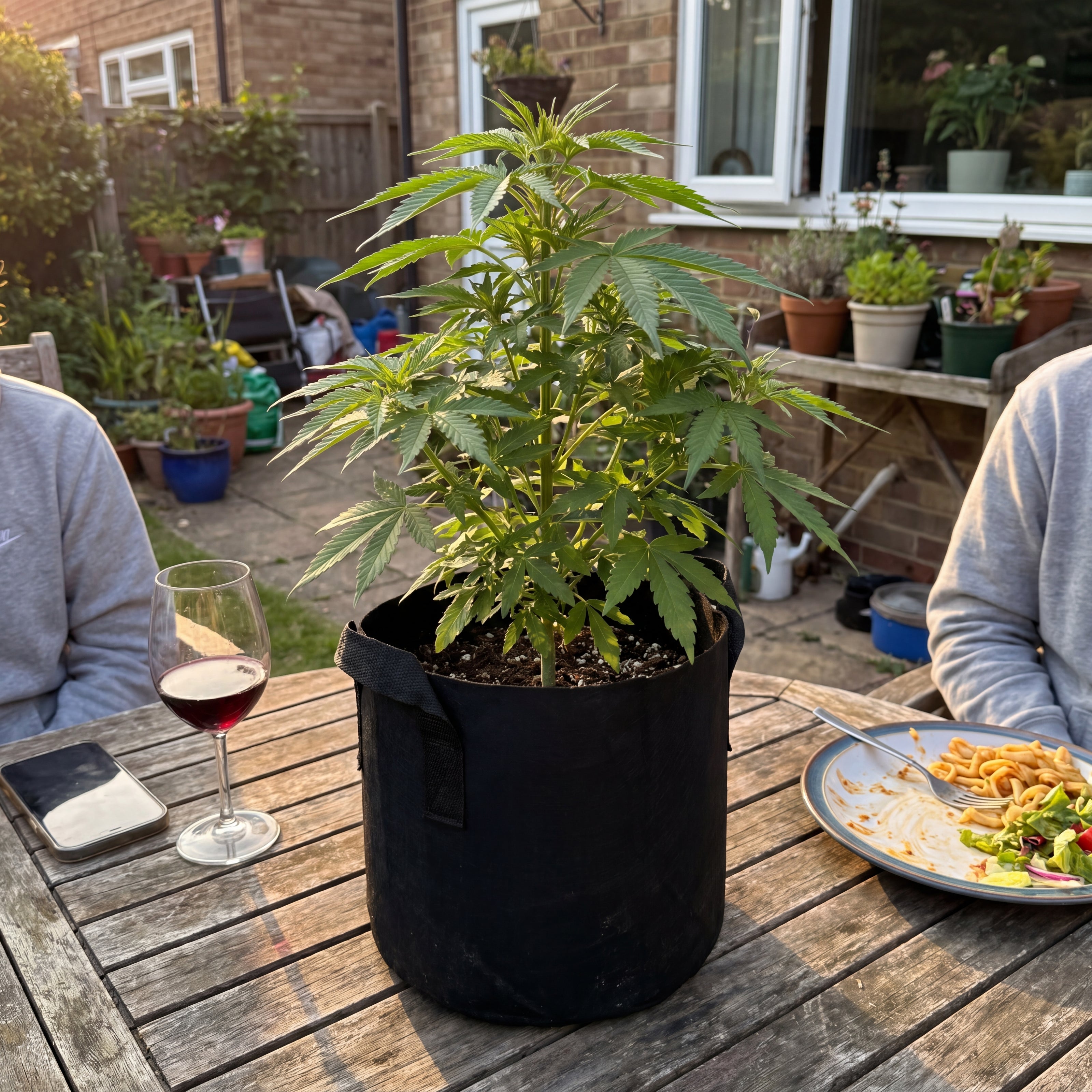 FREUDE Cannabis Outdoor Grow Set in Anwendung, Royal Critical Automatic im Filztopf am Gartentisch bei Abendlicht