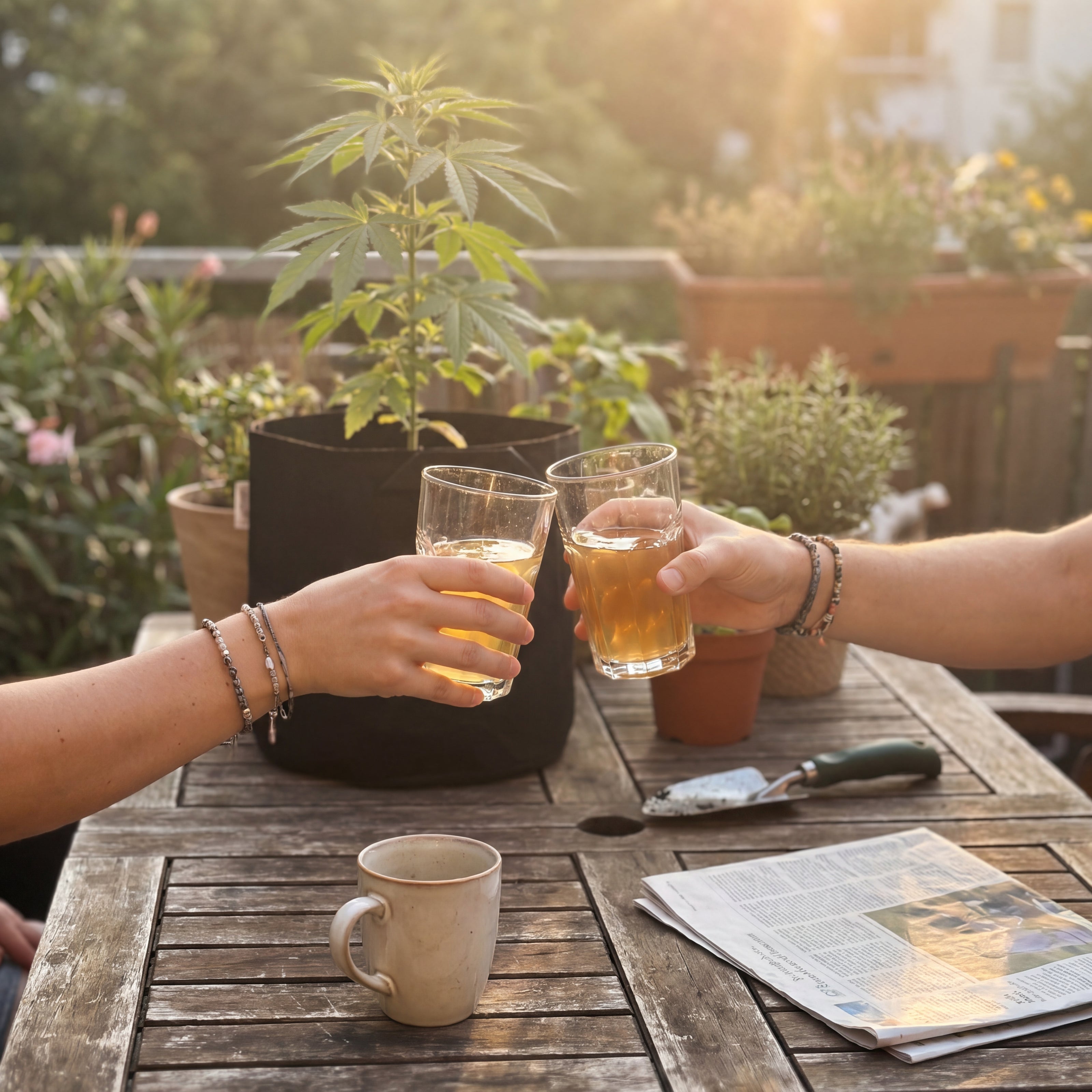 Anstoßen mit Weingläsern vor Cannabis-Pflanze Royal Critical Automatic im FREUDE Outdoor Grow System