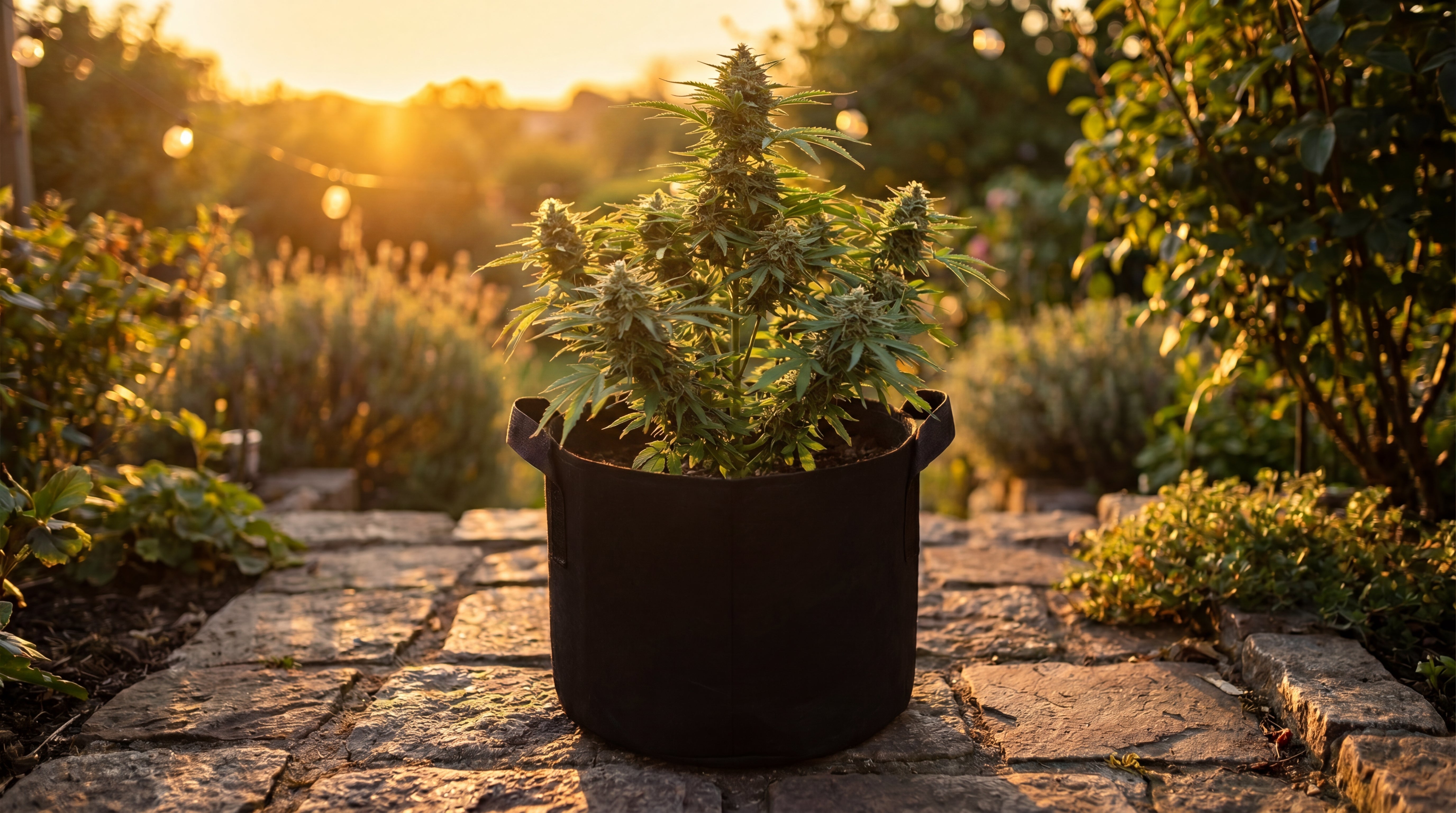 Nachher Bild FREUDE Cannabis Outdoor Grow System: erntereife Royal Critical Automatic Pflanze im Filztopf im Garten