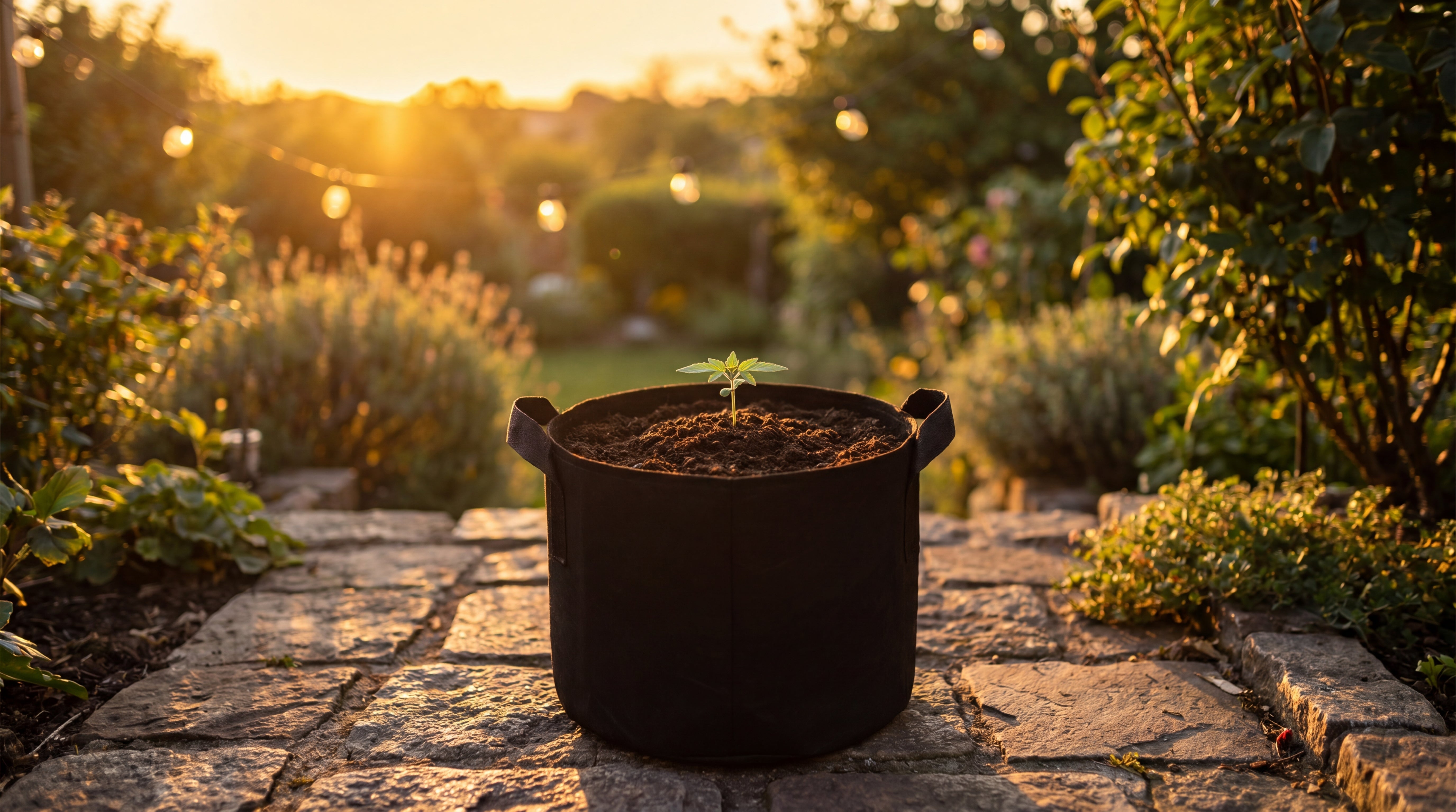 Vorher Bild FREUDE Cannabis Outdoor Grow System: junger Keimling im Filztopf im Garten zu Saisonbeginn