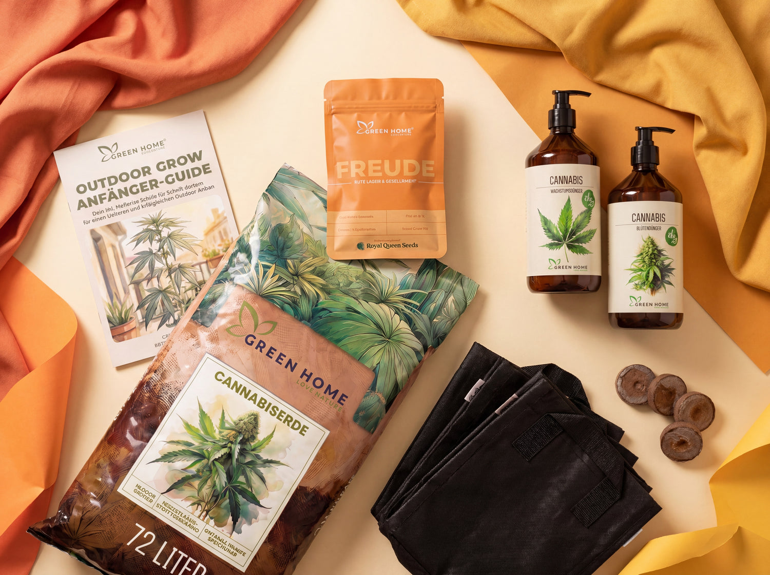 FREUDE Cannabis Outdoor Grow System Komplettset Übersicht mit 3 Samen, 72 L Erde, Dünger und Filztöpfen