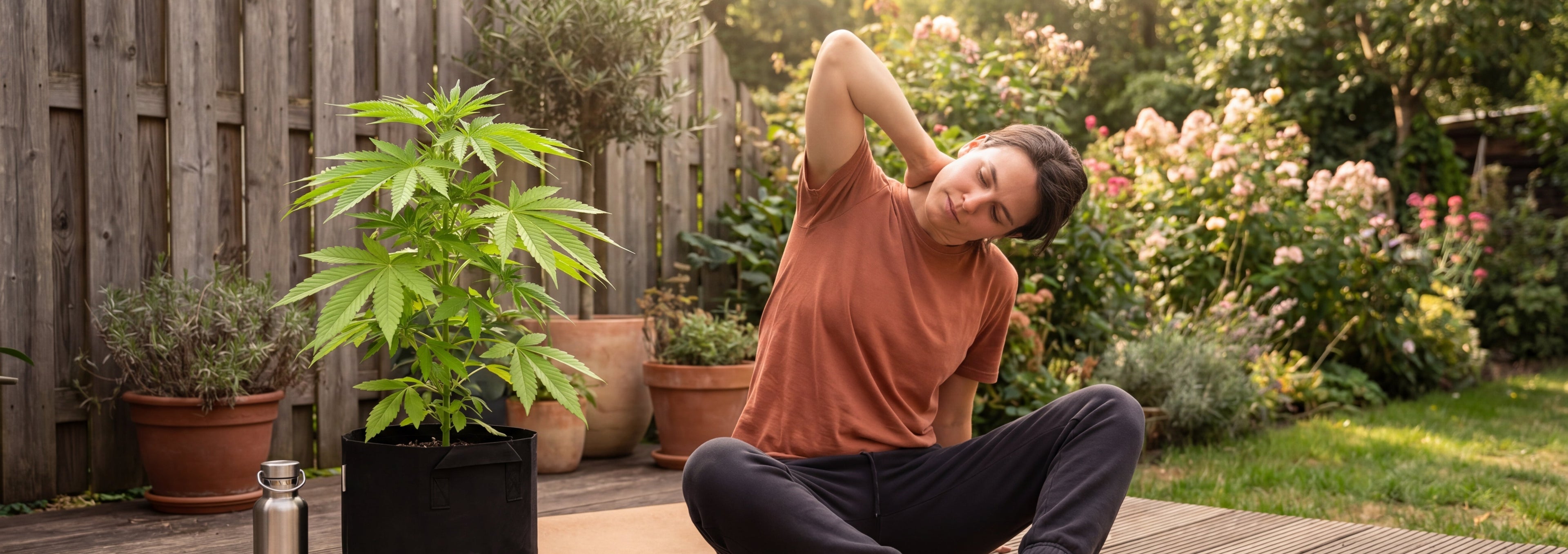 KÖRPER Outdoor Grow System mit Royal Cheese Automatic auf Yogamatte am Patio, Person bei sanfter Dehnübung