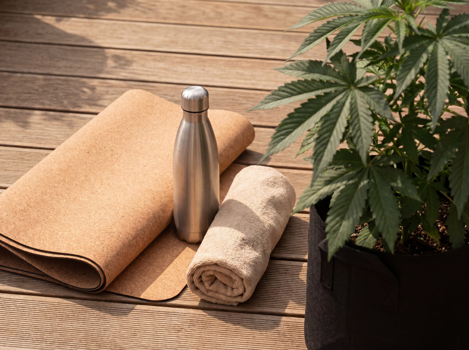 Yogamatte mit Wasserflasche und Handtuch neben Cannabis-Pflanze Royal Cheese Automatic im KÖRPER Outdoor Grow System