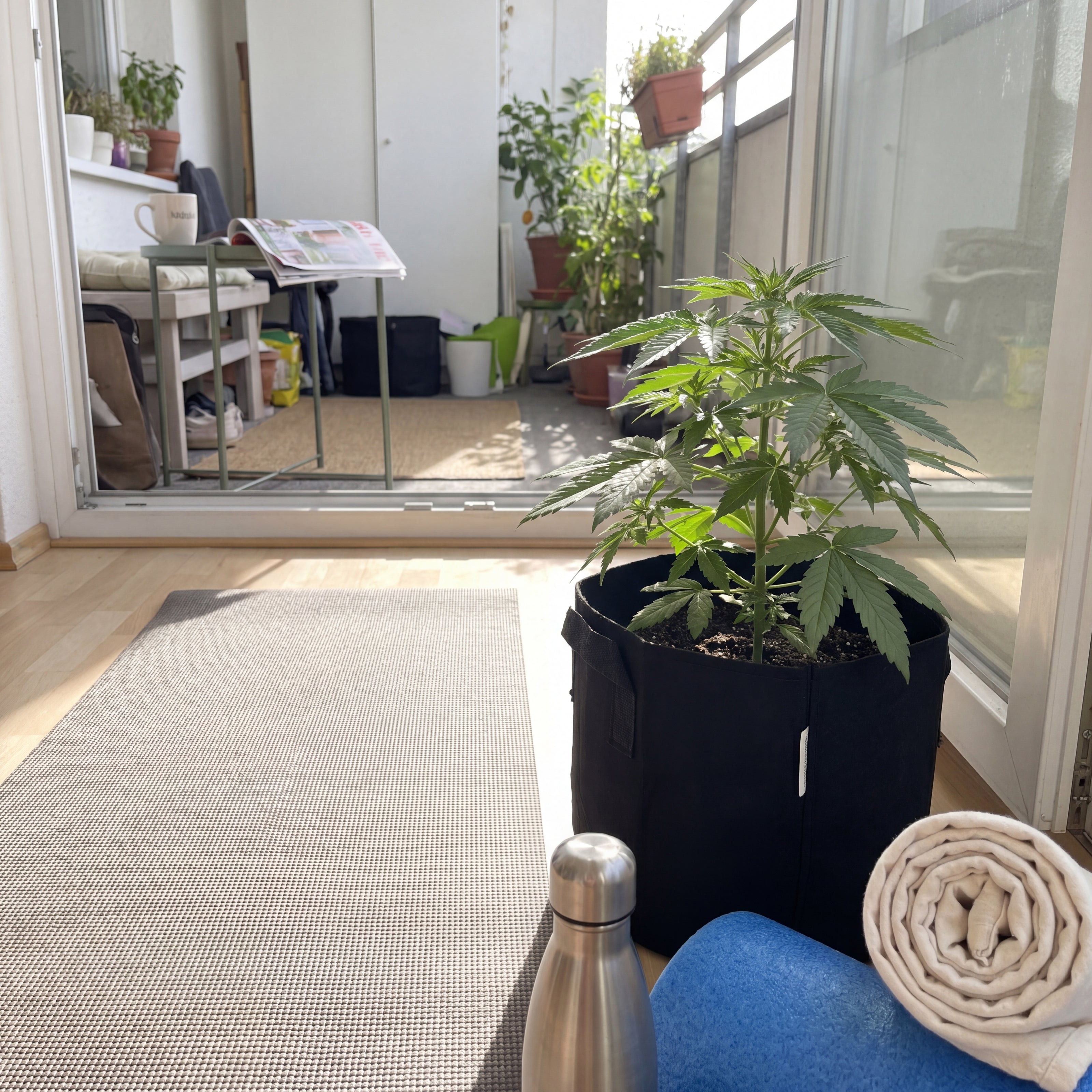 KÖRPER Cannabis Outdoor Grow Set in Anwendung, Royal Cheese Automatic im Filztopf neben Yogamatte auf Balkon