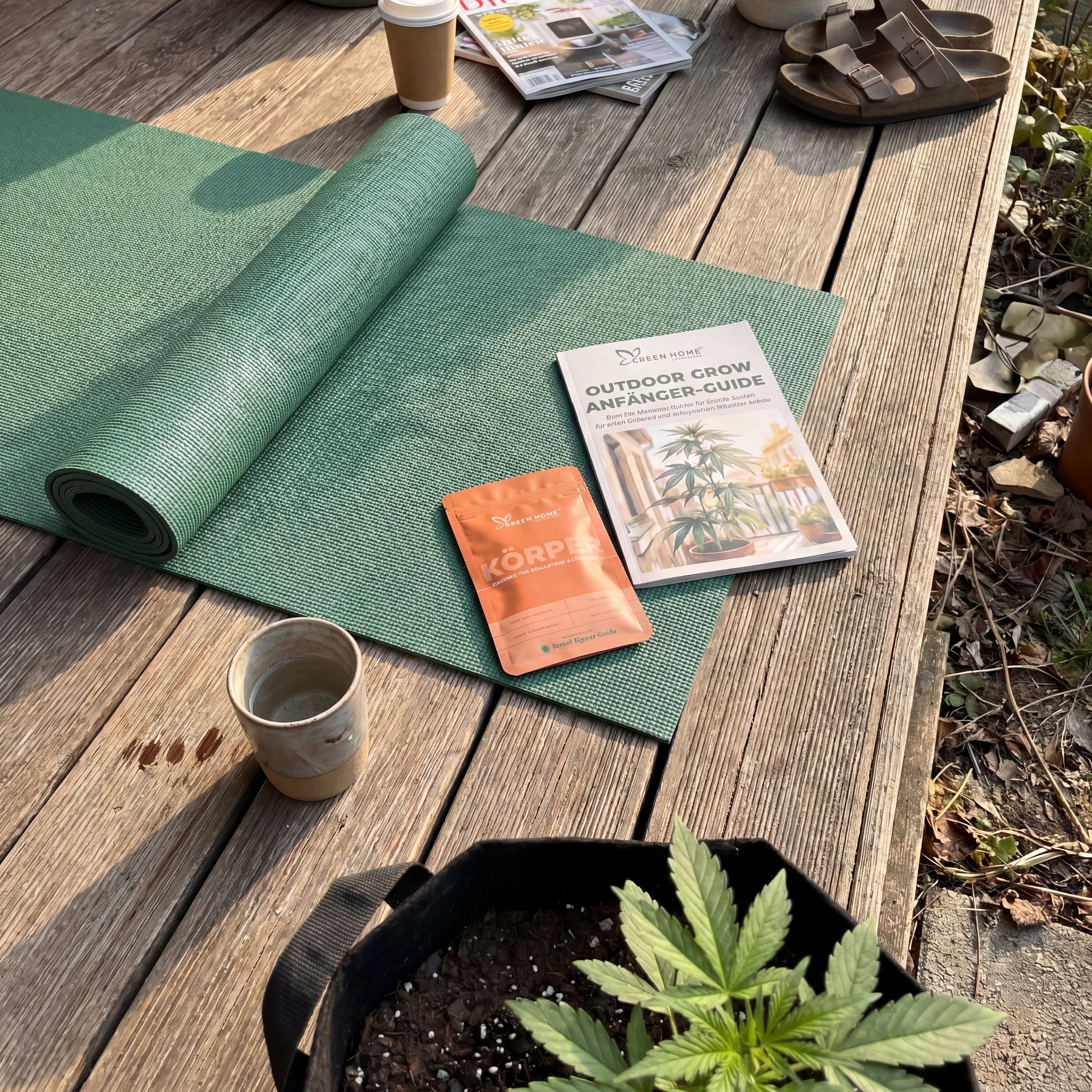 Green Home KÖRPER Samentüte mit Outdoor Grow Guide und Wasserglas auf Yogamatte im Vormittagslicht