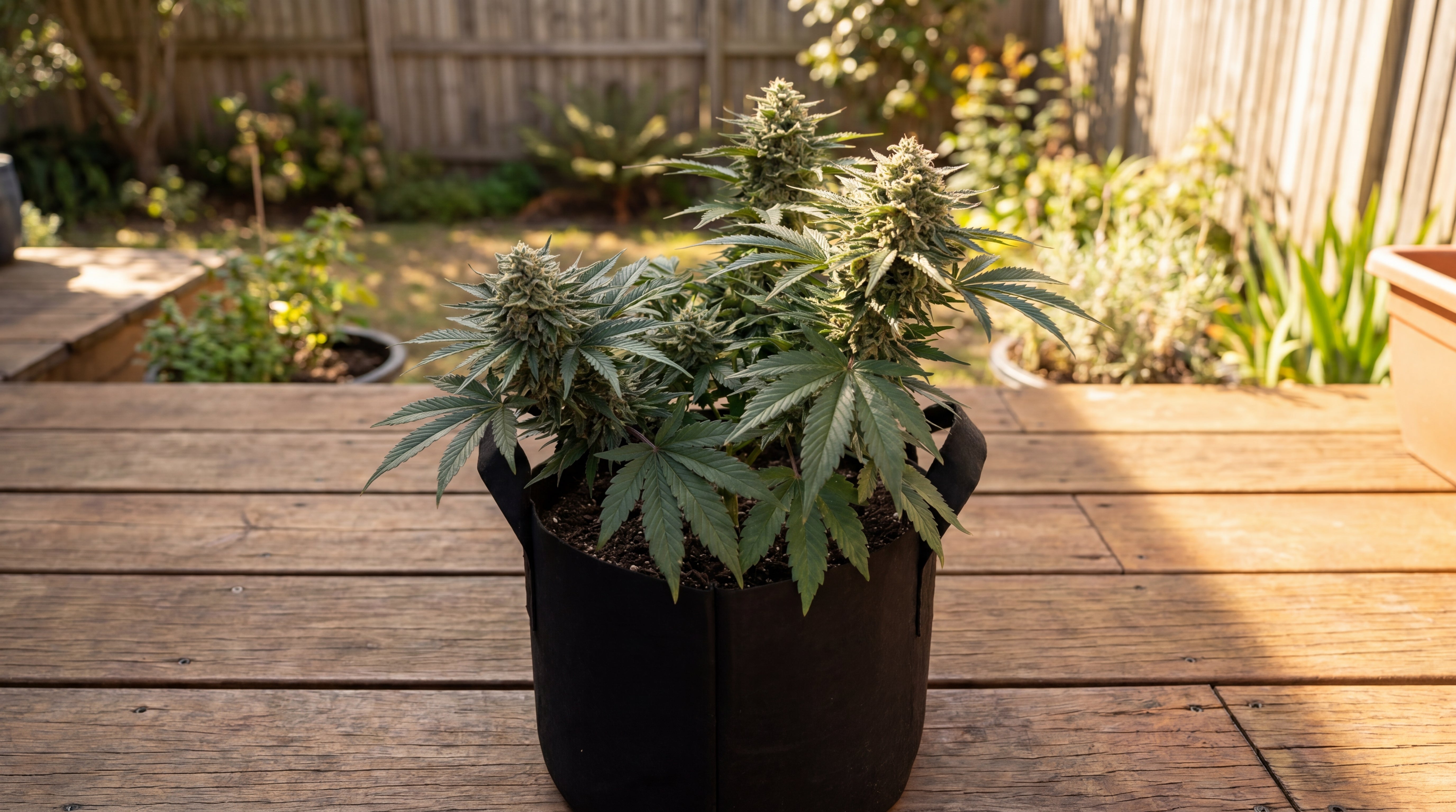 Nachher Bild KÖRPER Cannabis Outdoor Grow System: erntereife Royal Cheese Automatic Pflanze im Filztopf auf Holzdeck