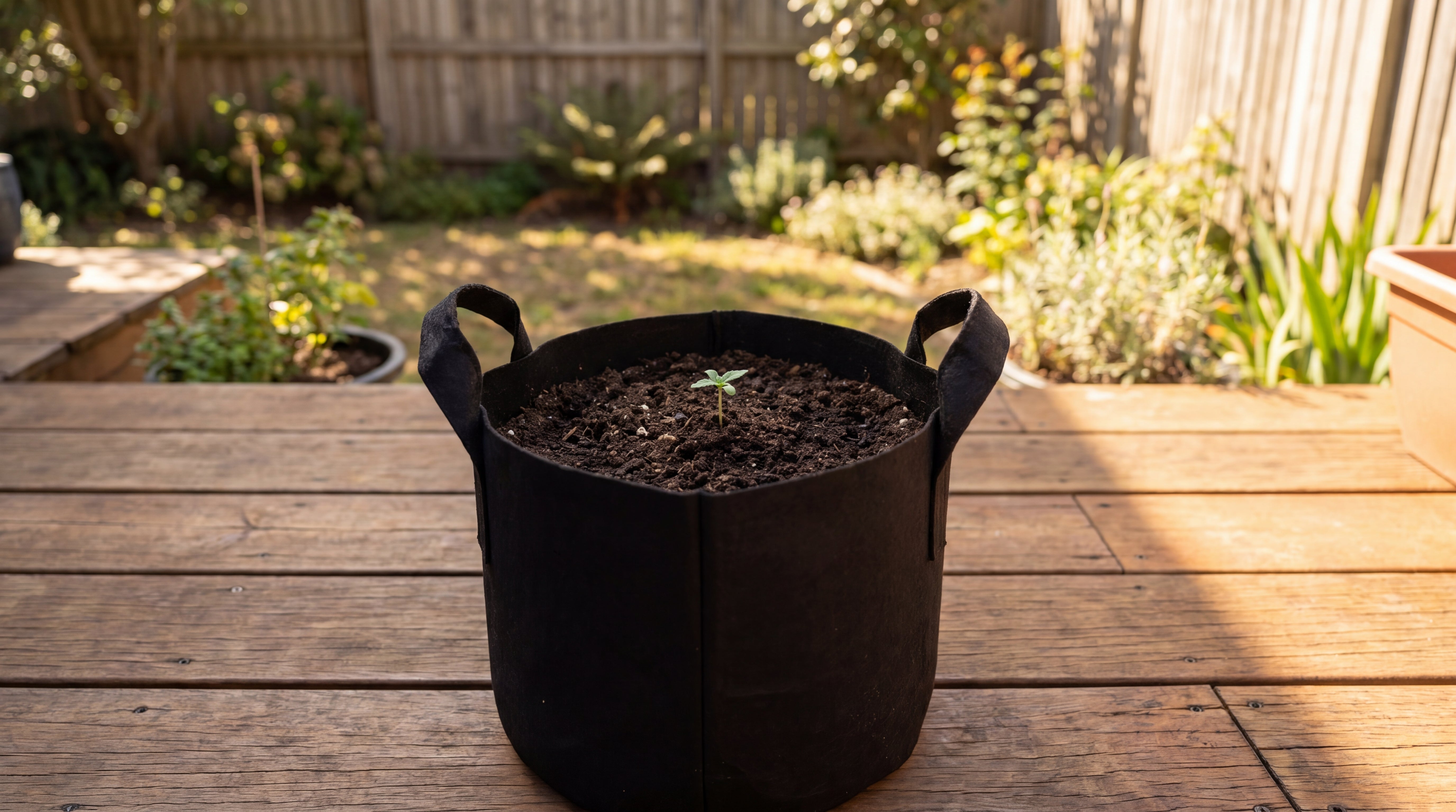 Vorher Bild KÖRPER Cannabis Outdoor Grow System: junger Keimling im Filztopf auf Holzdeck zu Saisonbeginn