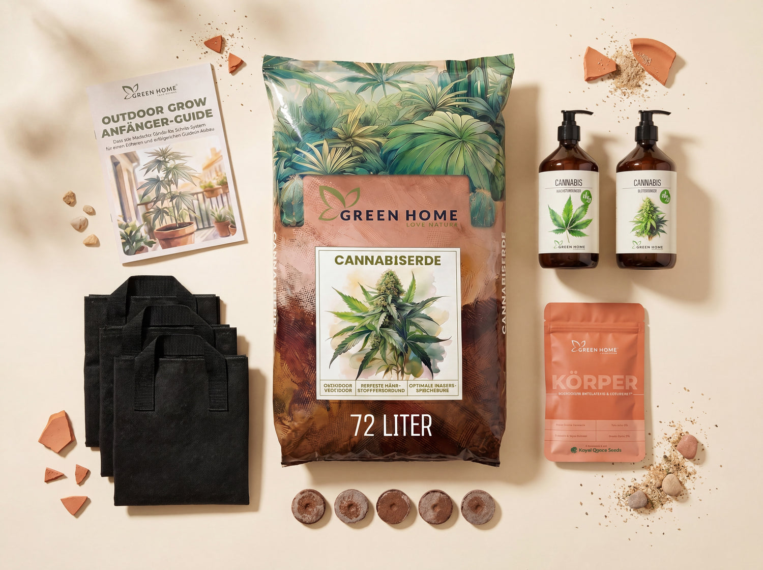 KÖRPER Cannabis Outdoor Grow System Komplettset Übersicht mit 3 Samen, 72 L Erde, Dünger und Filztöpfen