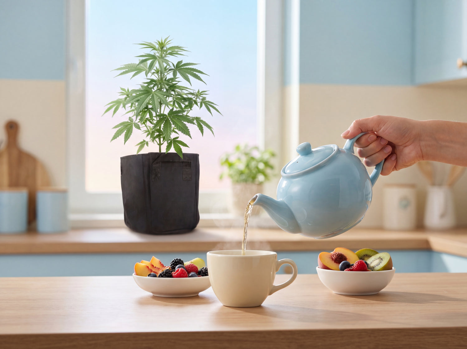 Tee wird in Tasse gegossen neben Cannabis-Pflanze Stress Killer CBD im LEICHT Outdoor Grow System am Fenster