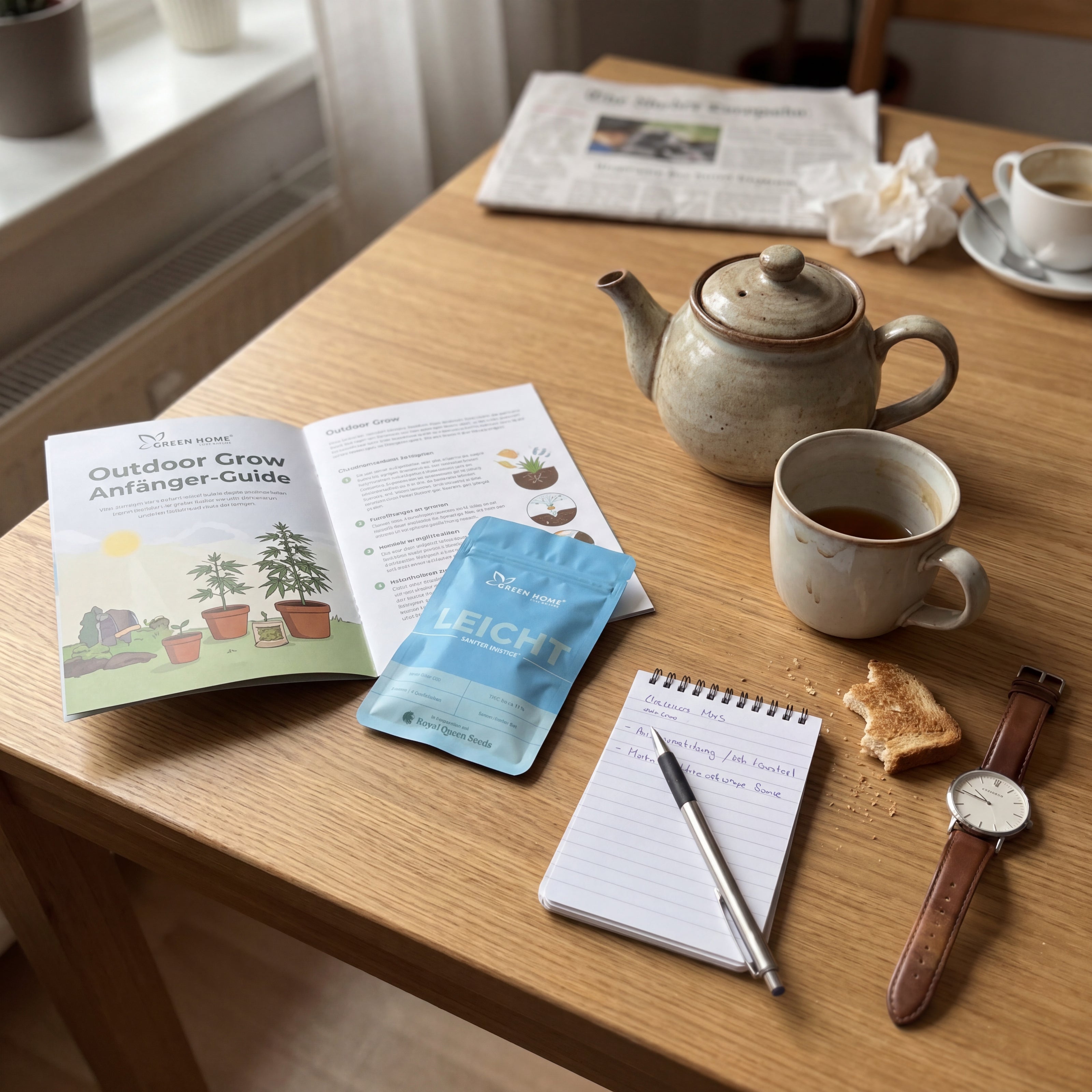 Green Home LEICHT Samentüte mit Outdoor Grow Guide und Teekanne auf Küchentisch im Morgenlicht