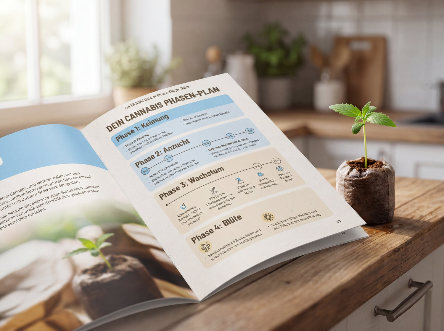 44-Seiten Outdoor Grow Anfänger-Guide mit Phasenplan für LEICHT Cannabis Outdoor Grow System